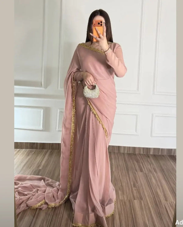 ROSE PEACH STITCHED CHIFFON SAREE WITH GOLD LACE