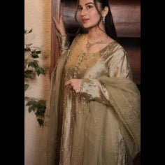 Handmade Tissue Silk 3-Piece Stitched Suit – Champagne Gold