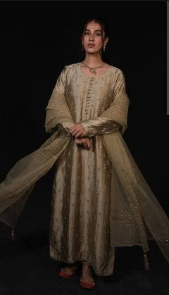 Handmade Tissue Silk 3-Piece Stitched Suit – Champagne Gold
