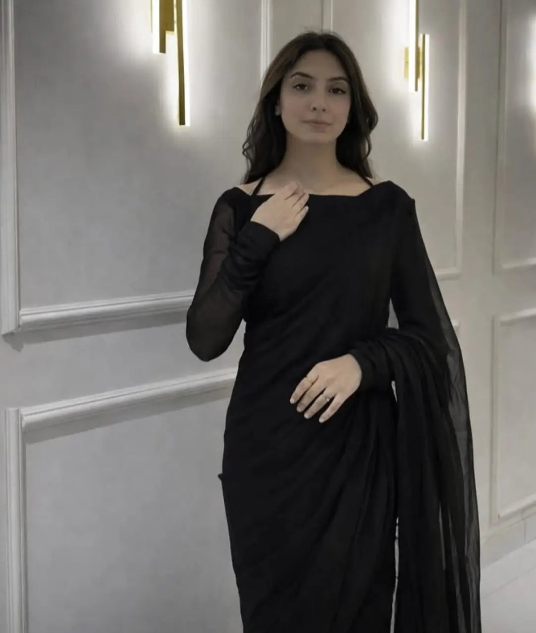 BLACK CHIFFON STICHED SAREE