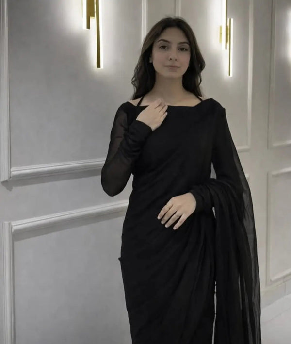 BLACK CHIFFON STICHED SAREE