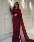 MAROON CHIFFION STITCHED SAREE