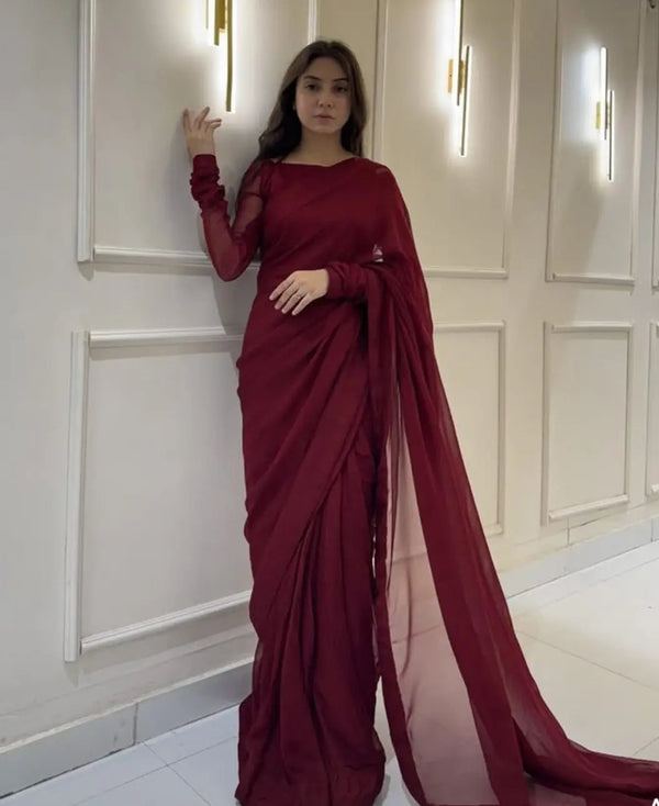 MAROON CHIFFION STITCHED SAREE