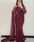 MAROON COLOUR CHIFFON SAREE WITH GOLD LACE