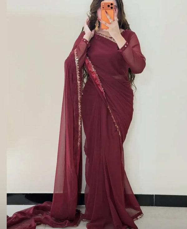 MAROON COLOUR CHIFFON SAREE WITH GOLD LACE