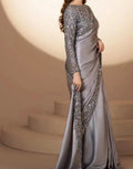 SILK STEEL GREY SAREE WITH HEAVEY SEQUENCE EMBROIDED BORDERS AND BLOUSE