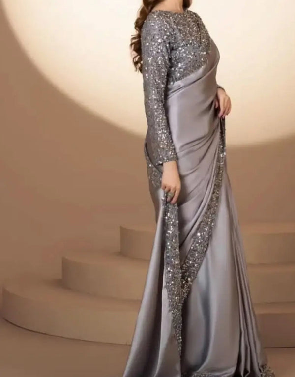 SILK STEEL GREY SAREE WITH HEAVEY SEQUENCE EMBROIDED BORDERS AND BLOUSE