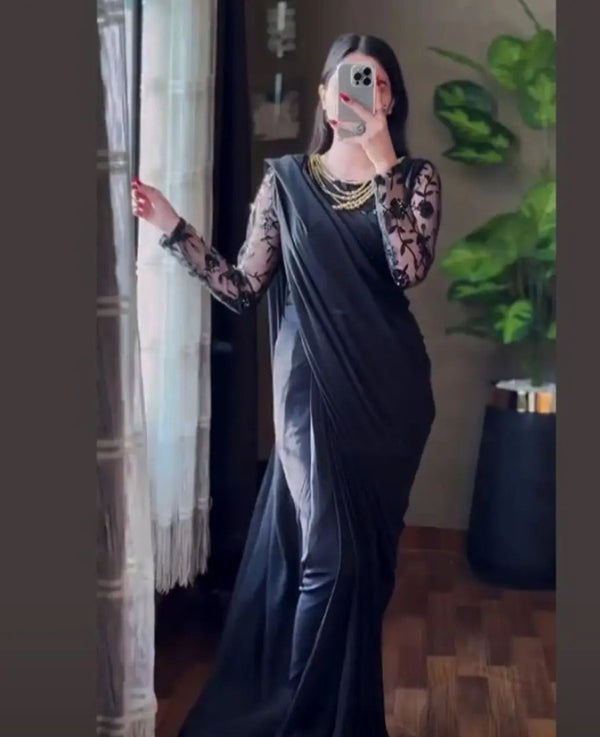 BLACK SILK SAREE WITH EMBRODED NET BLOUSE