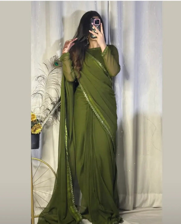 OLIVE GREEN STITCHED CHIFFON SAREE WITH LACE BORDERS