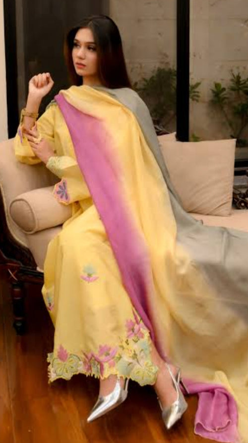 "AlizaCouture" 'Shisha Silk' Floral applique embroidery 3PC suit with butter yellow colour. Avalible in all Sizes Small/ Medium/ Large/Exal Large.