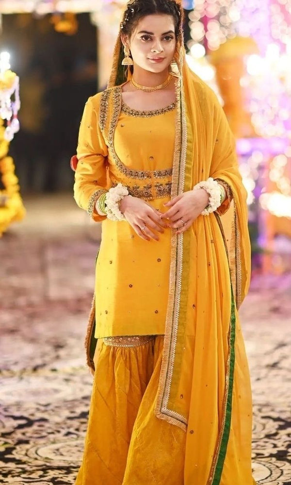 AlizaCouture Cotton Silk Handmade Yellow 4PC Suit