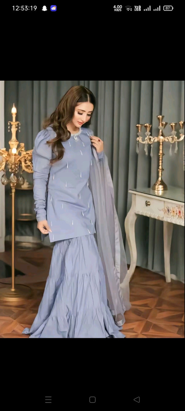 AlizaCouture Elegant Sky Blue Embellished Kurta & Flared Gharara 3-Piece Suit for Women