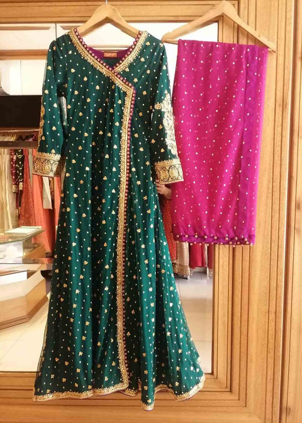 AlizaCouture Georgette Fabric Deep Green Angrakha Anarkali 3PCSuit.With Pink Colour Duppata.