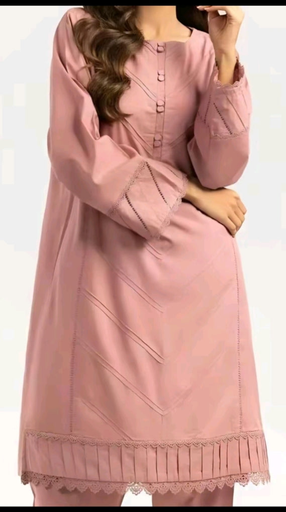 AlizaCouture LawnBlush Pink Elegant Pleated 2-Piece Women's Suit Summer Season.