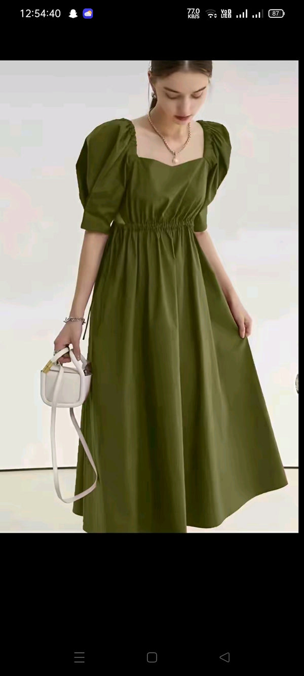AlizaCouture Olive Green Puff Sleeve Lawn Maxi Dress For Summer Season. Available in different sizes.