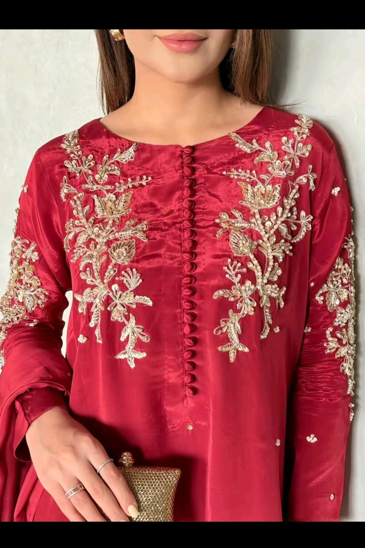DEEP RED TISSUE SILK 3PC KAFTAN SET WITH HANDMADE WORK