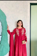 DEEP RED TISSUE SILK 3PC KAFTAN SET WITH HANDMADE WORK