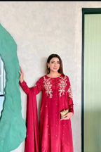 DEEP RED TISSUE SILK 3PC KAFTAN SET WITH HANDMADE WORK