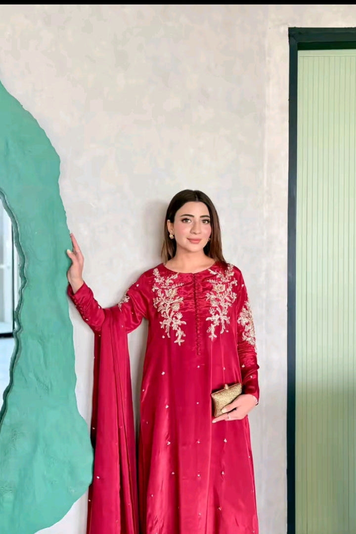 DEEP RED TISSUE SILK 3PC KAFTAN SET WITH HANDMADE WORK