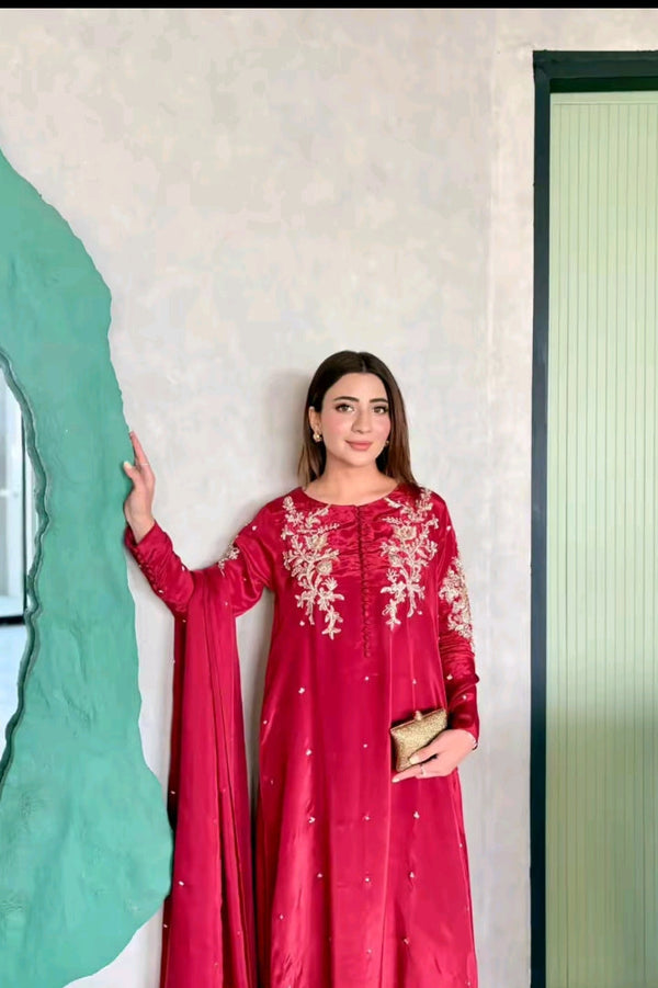DEEP RED TISSUE SILK 3PC KAFTAN SET WITH HANDMADE WORK