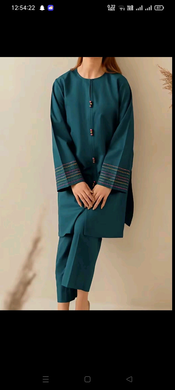 AlizaCouture Teal Blue Minimalist Lawn 2-Piece Women's Suit For Summers. Available in all sizes Small/Medium/Large/Exal Large.