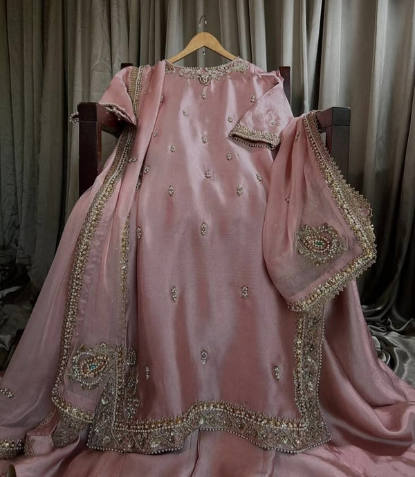 Elegant Pastel Pink Tissue Silk Wedding 3pc Outfit
