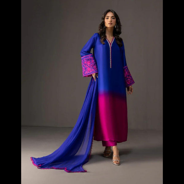 "AlizaCouture". 'Double shaded 'Pure Raw Silk 3pc suit with heavy embroidered sleves and handmade neckline. Available in all sizes small/medium/large/ x large.Customization avalible.