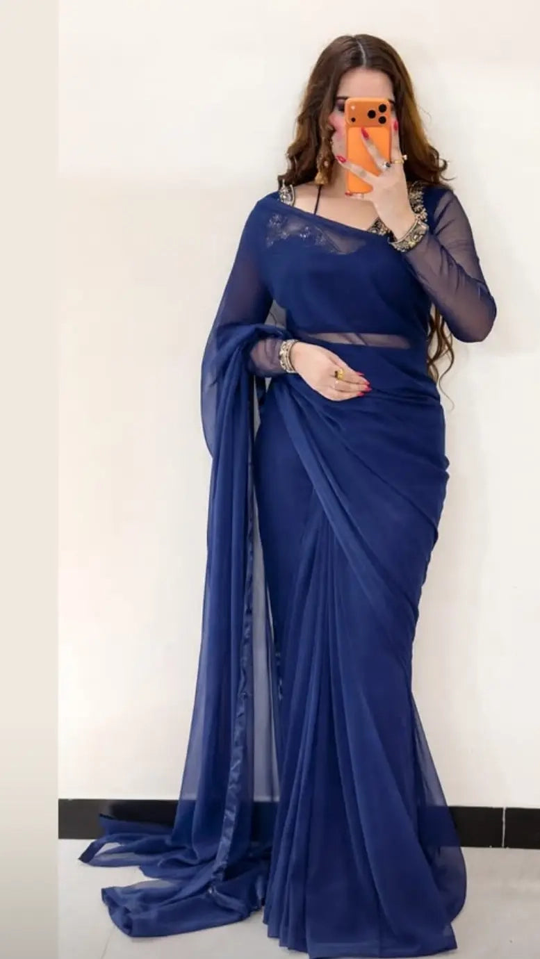 DARK BLUE CHIFFON SAREE WITH HANDMADE BLOUSE