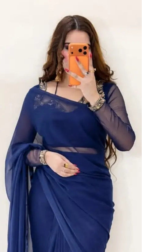 DARK BLUE CHIFFON SAREE WITH HANDMADE BLOUSE