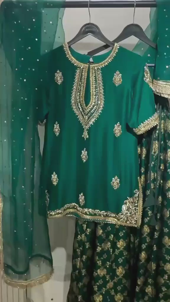 BOTTLE GREEN PURE RAW SILK 3PC HANDMADE GARARA SET