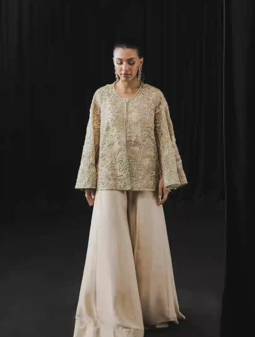 TISSUE & SILK COAT SET IN OFF WHITE COLOUR WITH HANDMADE WORK